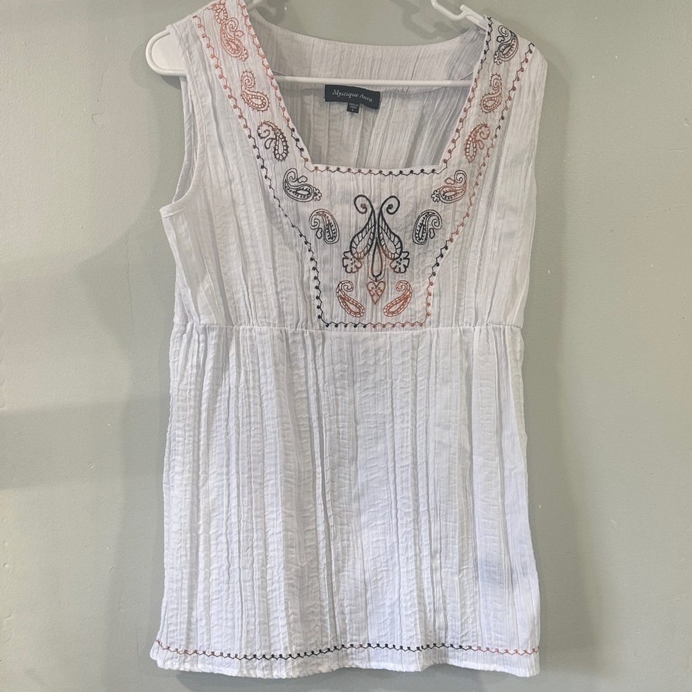 Mystique Boutique White Blouse with Black and Orange Embroidery size L boho
